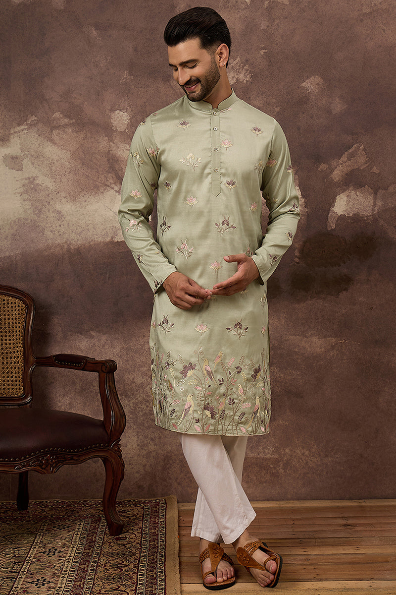 Green Silk Blend Solid Embroidered Straight Kurta MKU1341