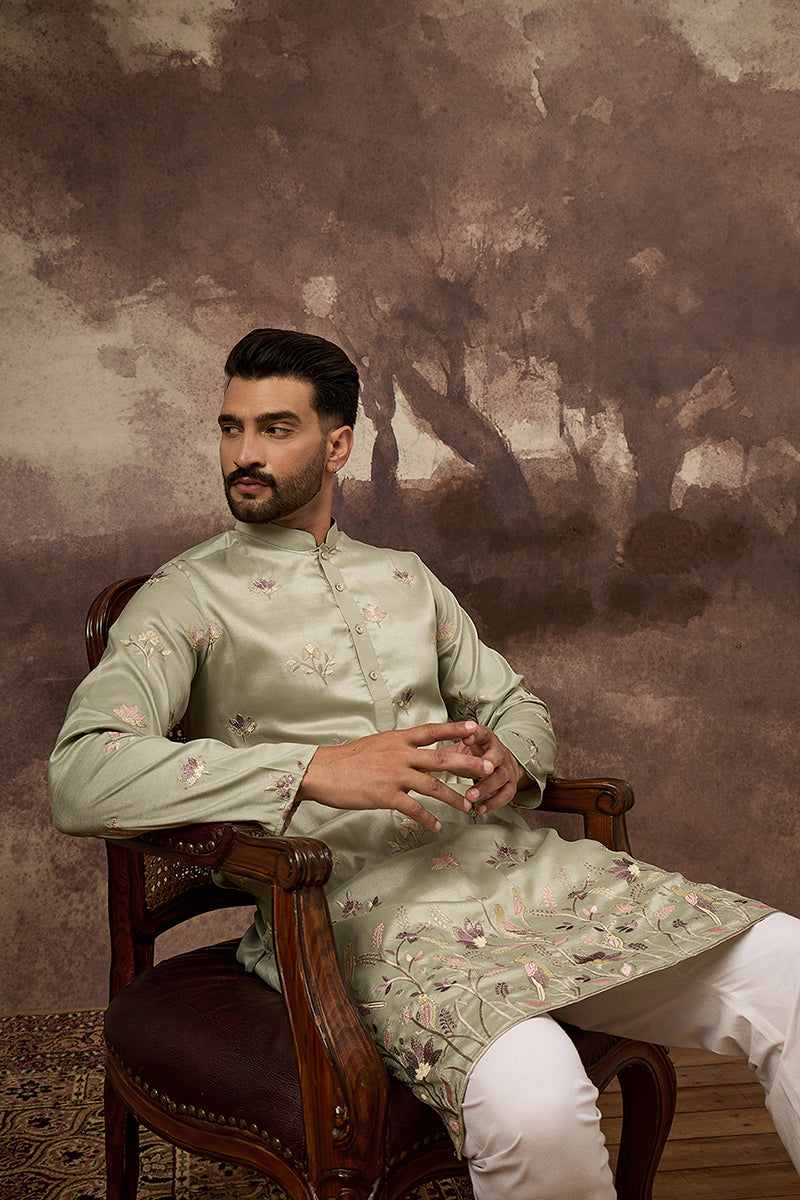 Green Silk Blend Solid Embroidered Straight Kurta MKU1341