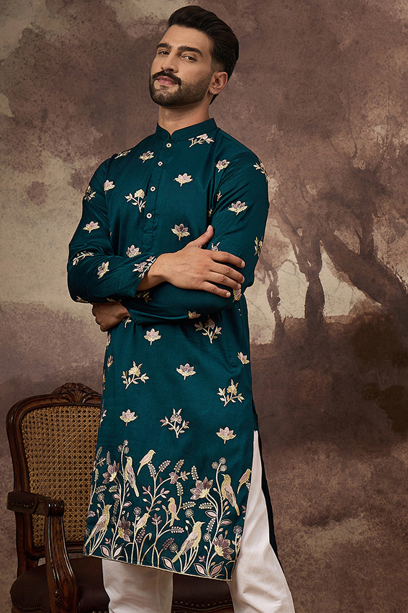 Blue Silk Blend Solid Embroidered Straight Kurta MKU1342