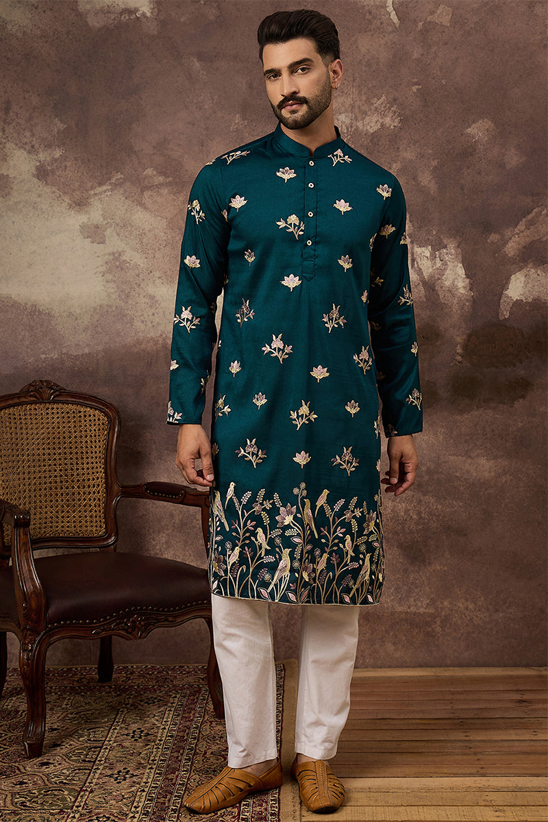 Blue Silk Blend Embroidered Indian Wear for Men MKU1342 | DesiQlo
