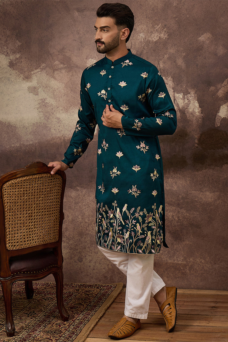 Blue Silk Blend Embroidered Indian Wear for Men MKU1342 | DesiQlo