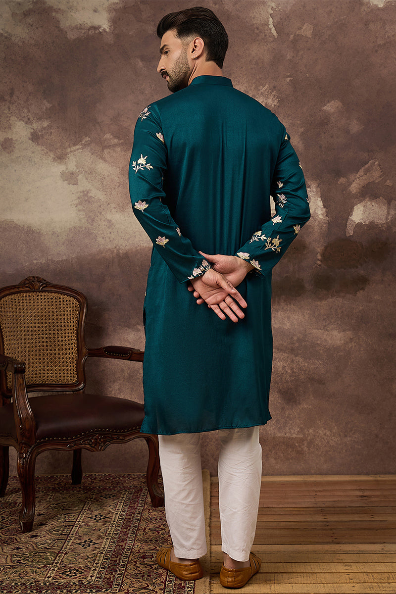 Blue Silk Blend Embroidered Indian Wear for Men MKU1342 | DesiQlo
