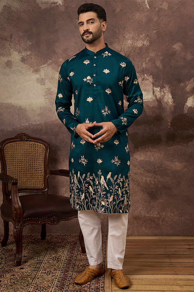 Blue Silk Blend Embroidered Indian Wear for Men MKU1342 | DesiQlo