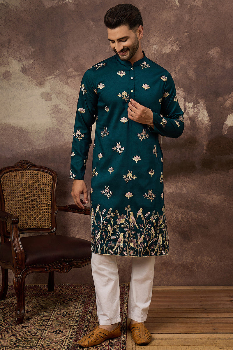 Blue Silk Blend Embroidered Indian Wear for Men MKU1342 | DesiQlo