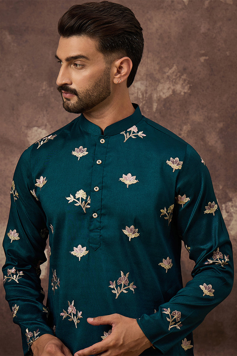 Blue Silk Blend Embroidered Indian Wear for Men MKU1342 | DesiQlo