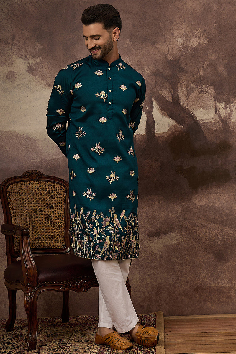 Blue Silk Blend Embroidered Indian Wear for Men MKU1342 | DesiQlo