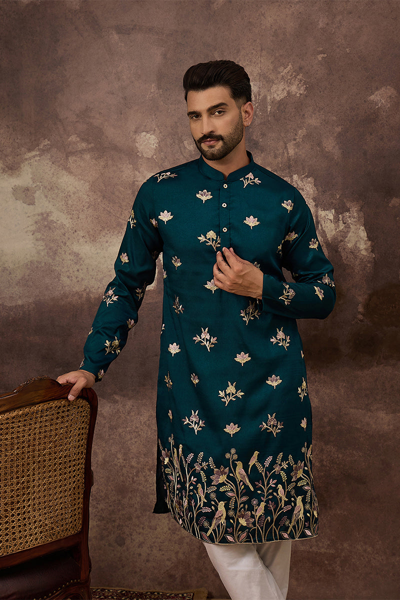 Blue Silk Blend Embroidered Indian Wear for Men MKU1342 | DesiQlo