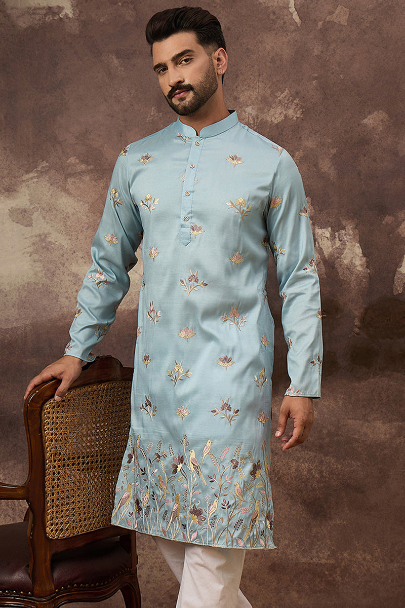 Blue Silk Blend Solid Embroidered Straight Kurta MKU1343