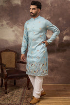 Blue Silk Blend Solid Embroidered Straight Kurta MKU1343