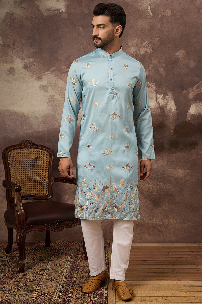 Blue Silk Blend Solid Embroidered Straight Kurta MKU1343