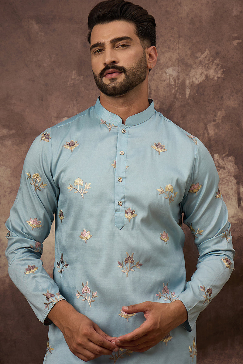 Blue Silk Blend Solid Embroidered Straight Kurta MKU1343