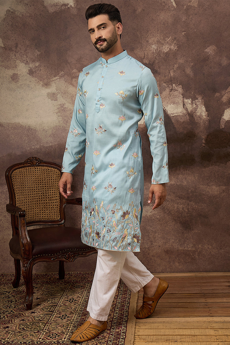 Blue Silk Blend Solid Embroidered Straight Kurta MKU1343