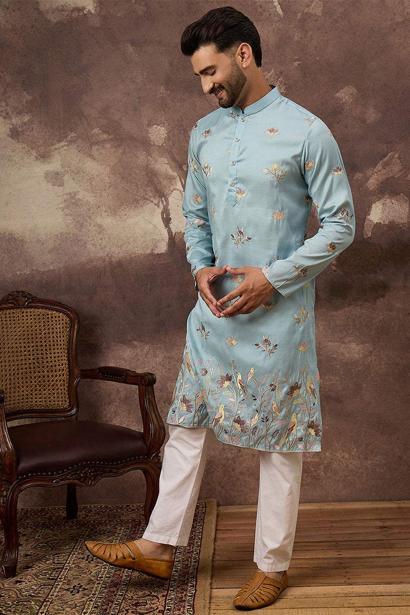 Blue Silk Blend Solid Embroidered Straight Kurta MKU1343