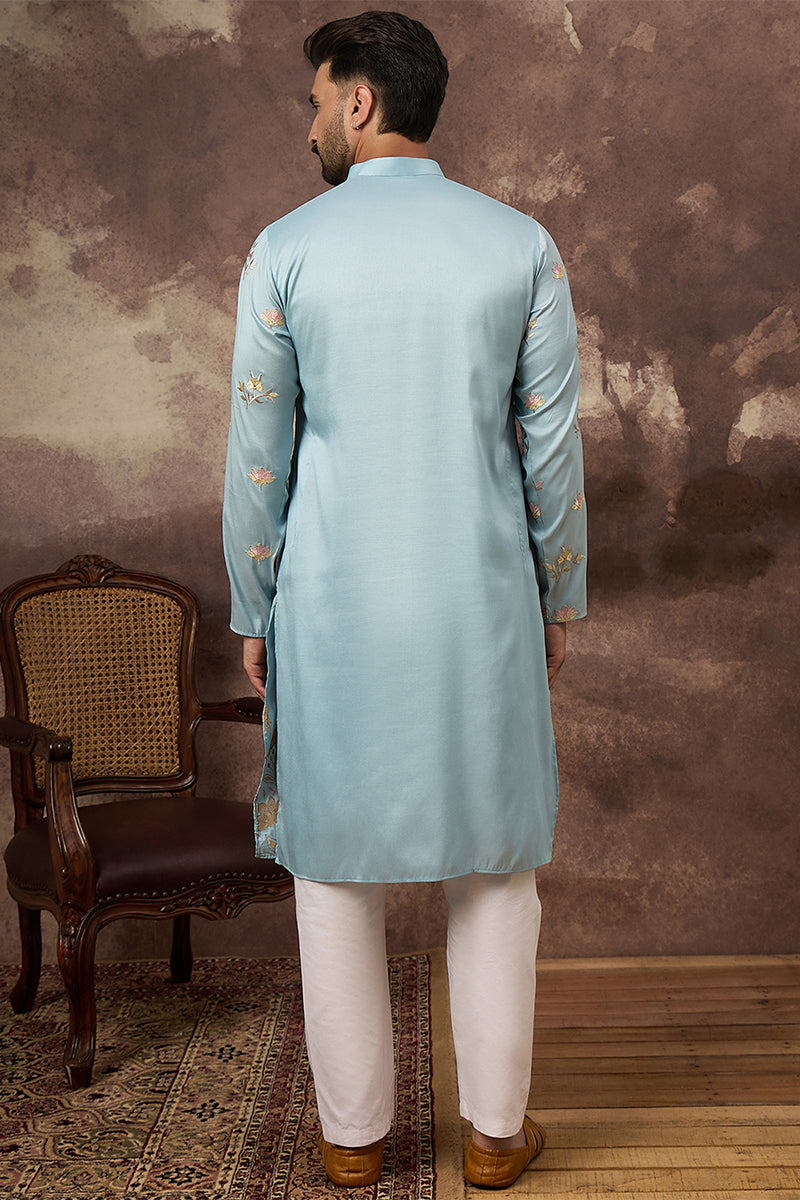 Blue Silk Blend Solid Embroidered Straight Kurta MKU1343