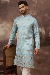 Blue Silk Blend Solid Embroidered Straight Kurta MKU1343