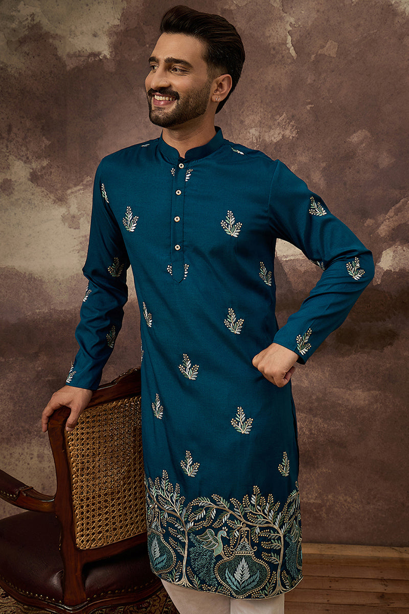 Blue Silk Blend Solid Embroidered Straight Kurta MKU1344
