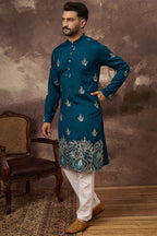 Blue Silk Blend Solid Embroidered Straight Kurta MKU1344