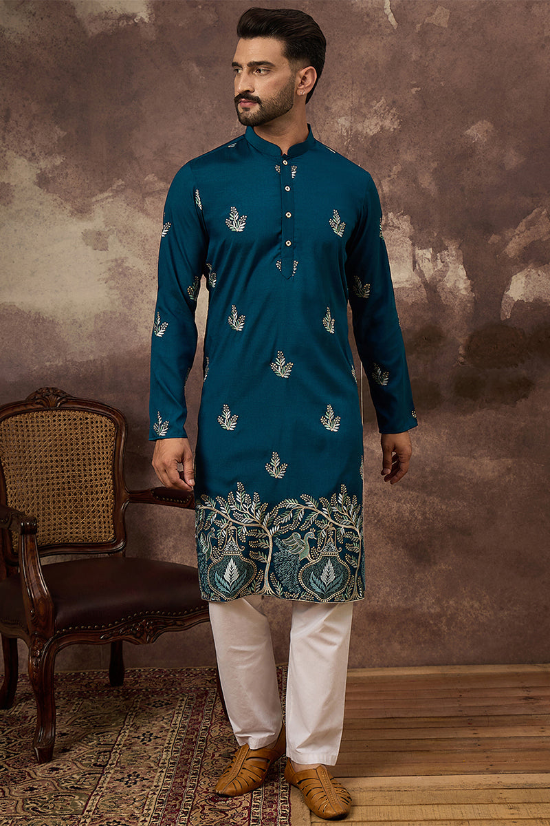 Blue Silk Blend Solid Embroidered Straight Kurta MKU1344