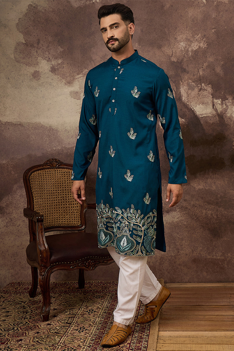 Blue Silk Blend Solid Embroidered Straight Kurta MKU1344