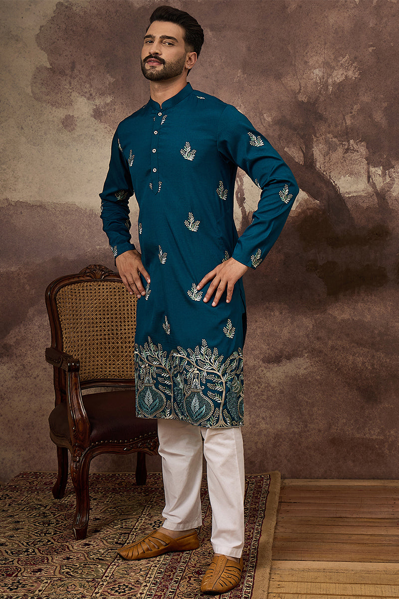 Blue Silk Blend Solid Embroidered Straight Kurta MKU1344