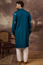 Blue Silk Blend Solid Embroidered Straight Kurta MKU1344