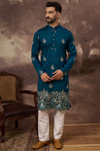 Blue Silk Blend Solid Embroidered Straight Kurta MKU1344