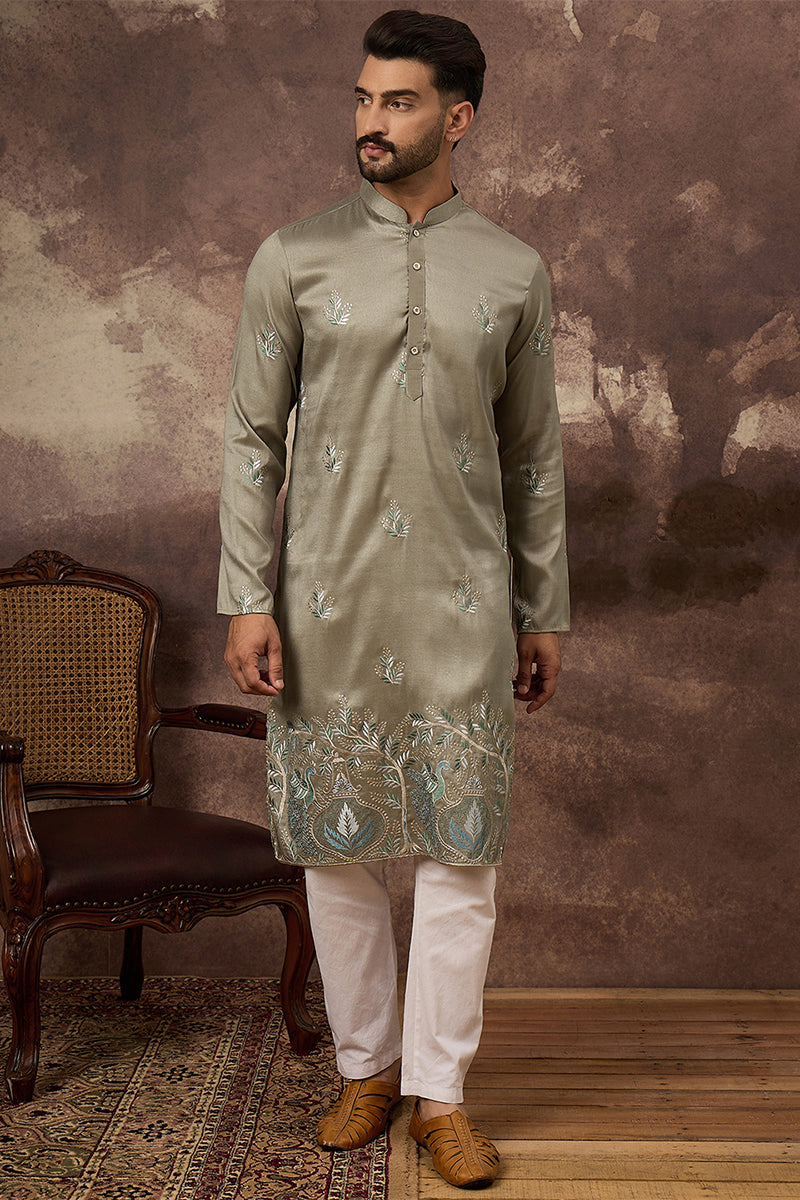 Green Silk Blend Solid Embroidered Straight Kurta MKU1345