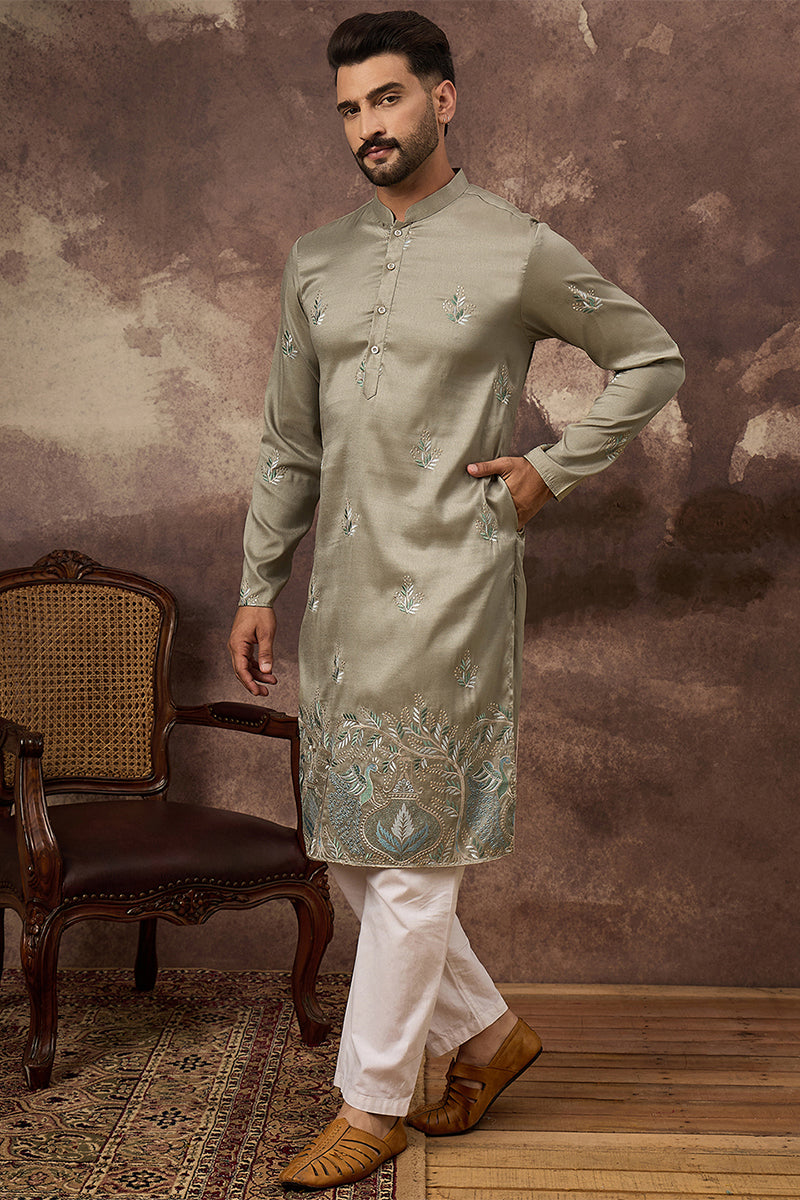 Green Silk Blend Solid Embroidered Straight Kurta MKU1345