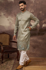 Green Silk Blend Solid Embroidered Straight Kurta MKU1345