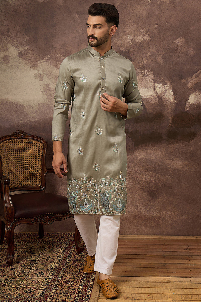 Green Silk Blend Solid Embroidered Straight Kurta MKU1345
