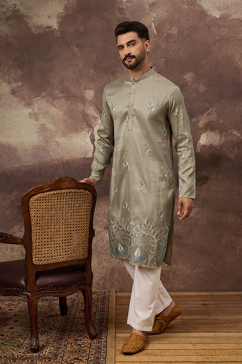 Green Silk Blend Solid Embroidered Straight Kurta MKU1345