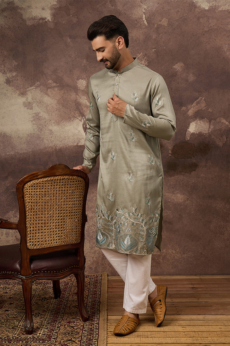 Green Silk Blend Solid Embroidered Straight Kurta MKU1345