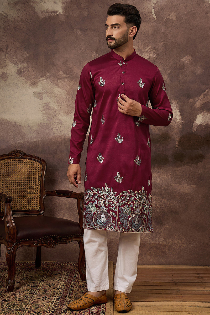 Maroon Silk Blend Solid Embroidered Straight Kurta MKU1346