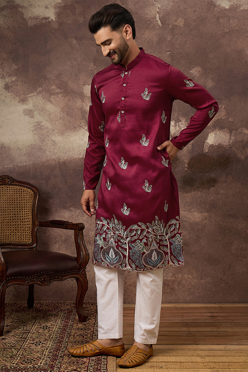 Maroon Silk Blend Solid Embroidered Straight Kurta MKU1346