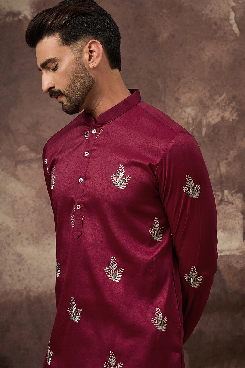 Maroon Silk Blend Solid Embroidered Straight Kurta MKU1346