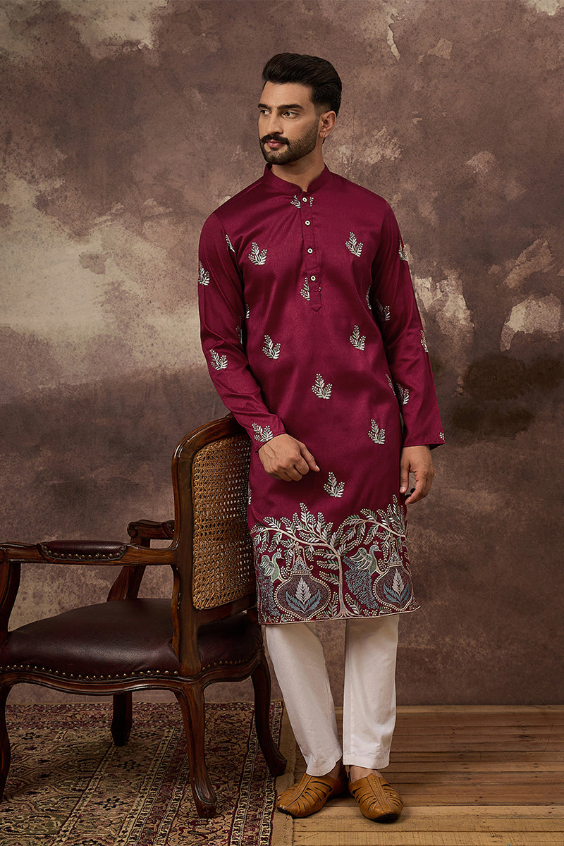 Maroon Silk Blend Solid Embroidered Straight Kurta MKU1346
