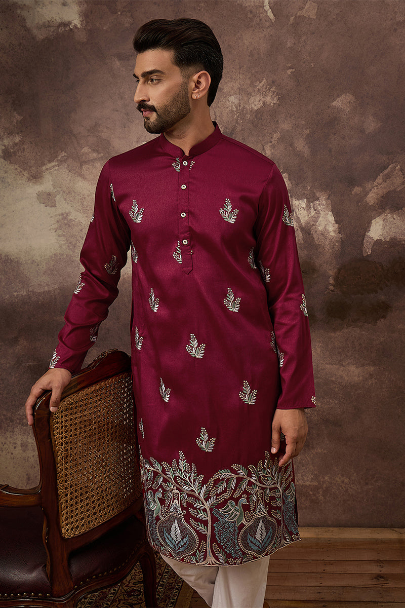 Maroon Silk Blend Solid Embroidered Straight Kurta MKU1346