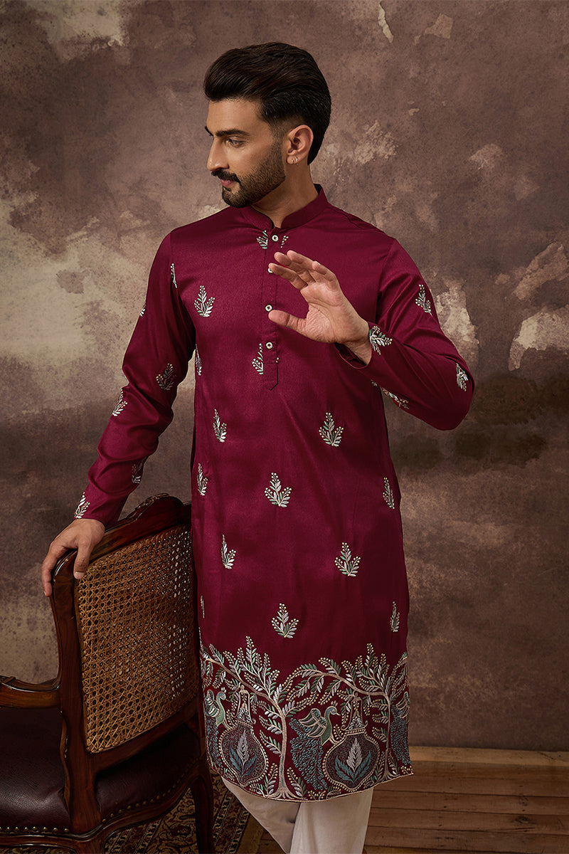 Maroon Silk Blend Solid Embroidered Straight Kurta MKU1346