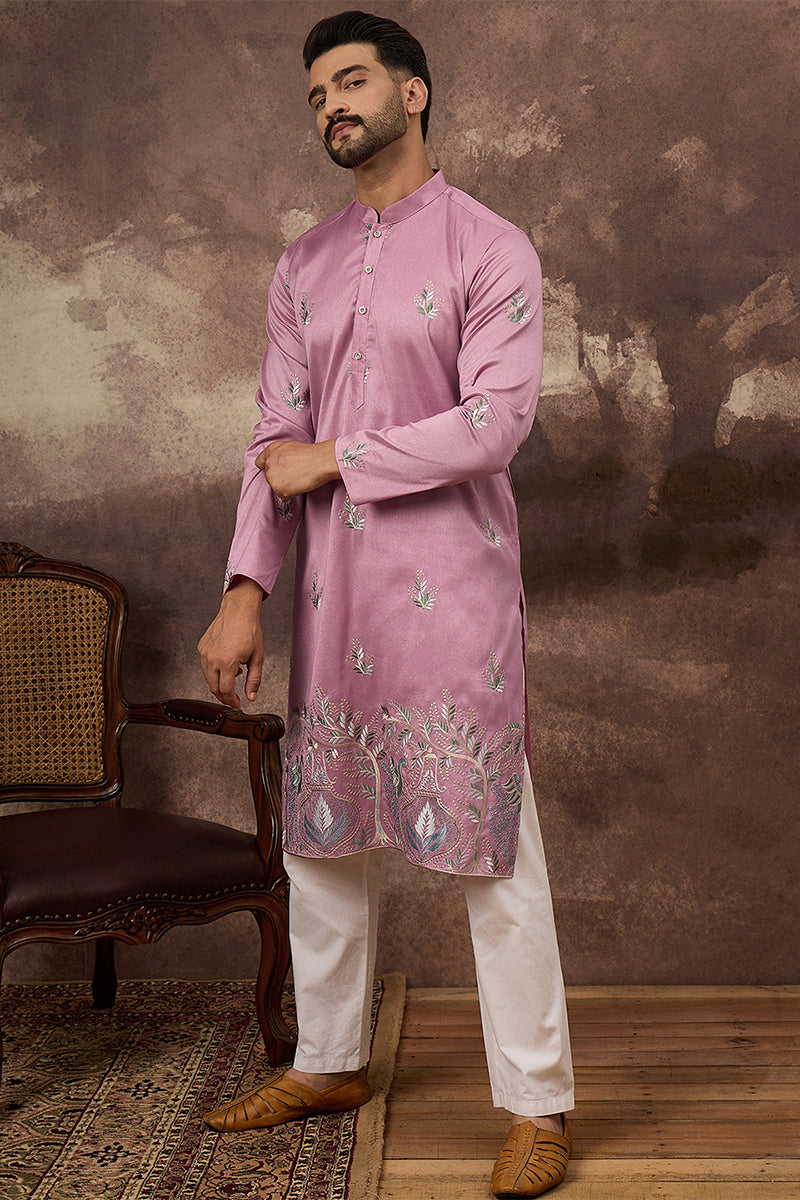 Pink Silk Blend Solid Embroidered Straight Kurta MKU1347