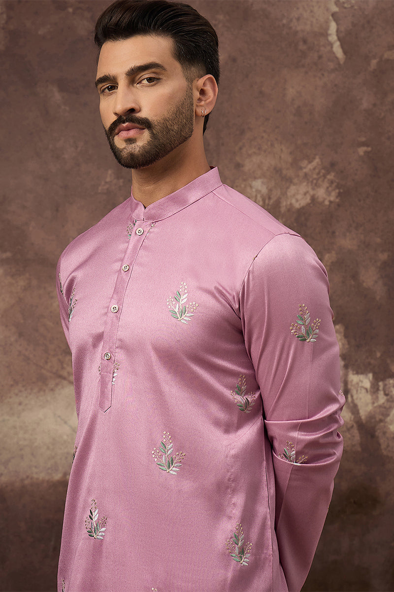 Pink Silk Blend Solid Embroidered Straight Kurta MKU1347