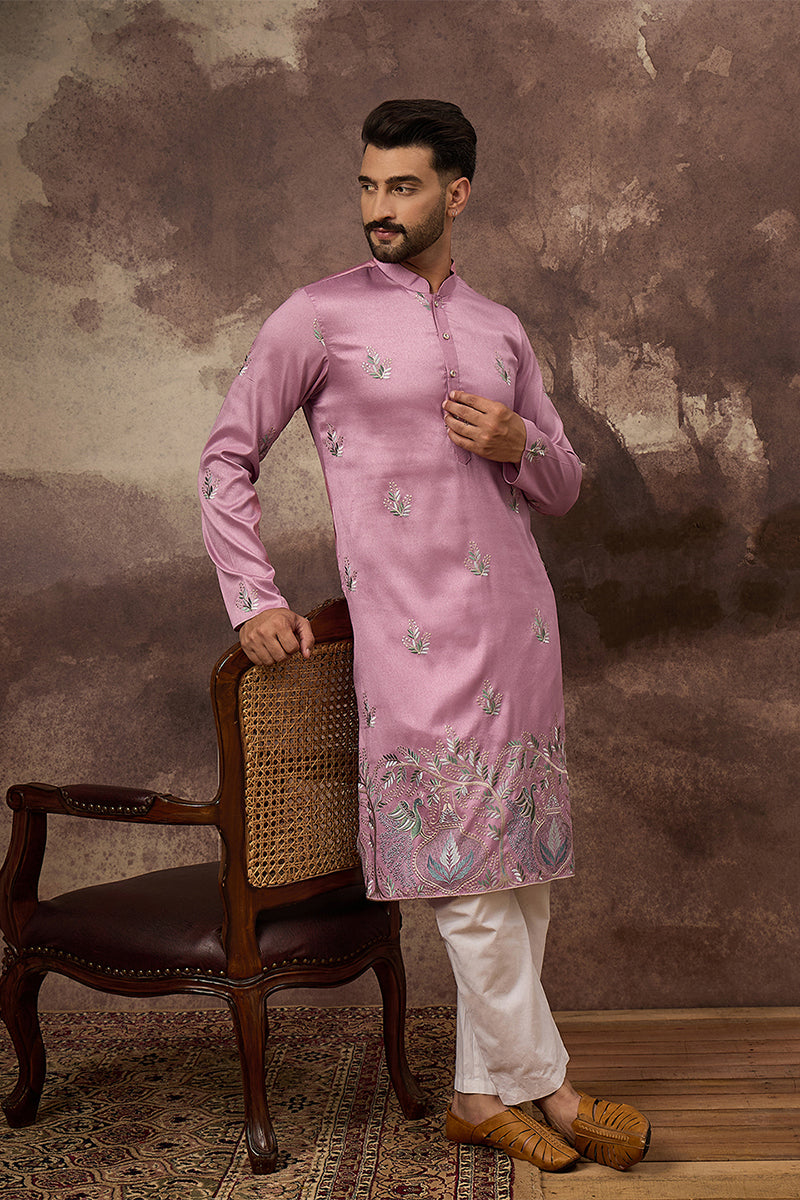 Pink Silk Blend Solid Embroidered Straight Kurta MKU1347