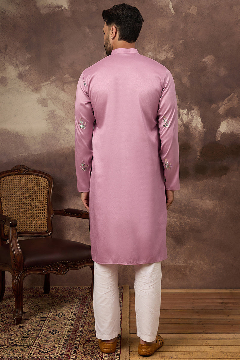 Pink Silk Blend Solid Embroidered Straight Kurta MKU1347