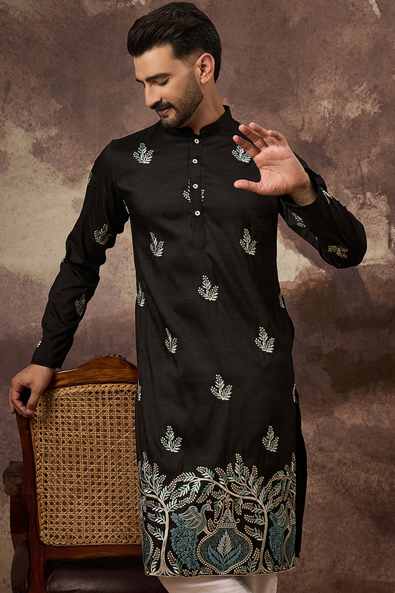 Black Silk Blend Solid Embroidered Straight Kurta MKU1348