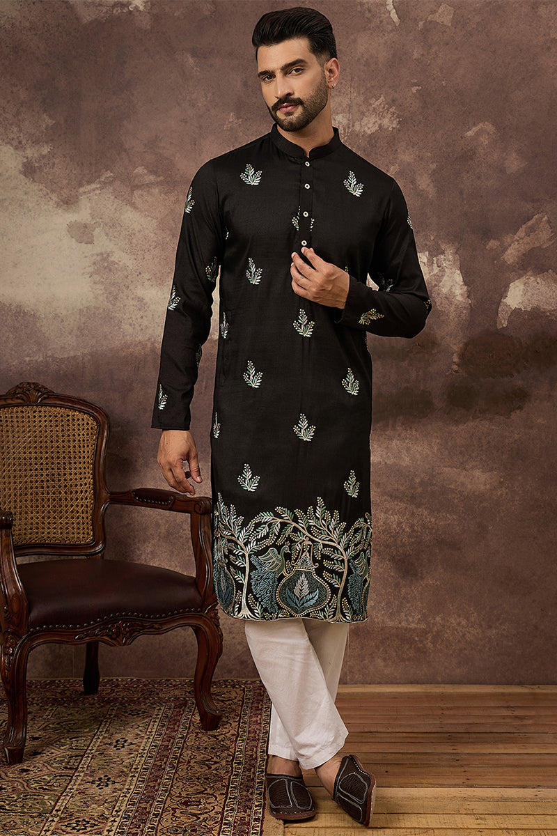 Black Silk Blend Solid Embroidered Straight Kurta MKU1348