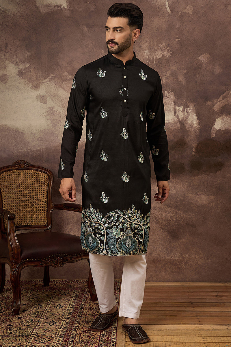 Black Silk Blend Solid Embroidered Straight Kurta MKU1348