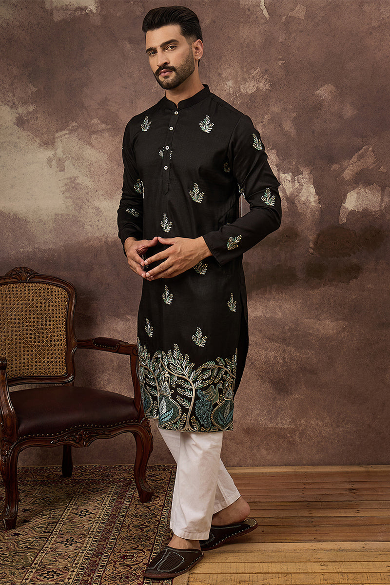 Black Silk Blend Solid Embroidered Straight Kurta MKU1348