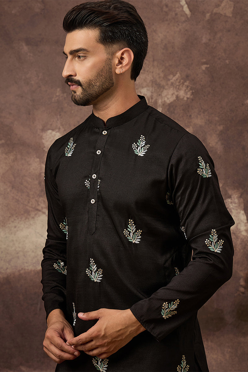 Black Silk Blend Solid Embroidered Straight Kurta MKU1348