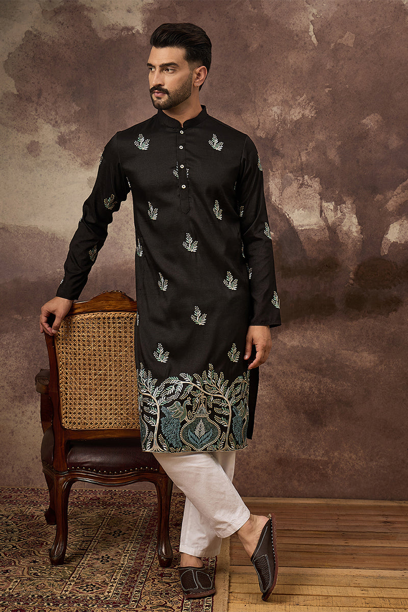 Black Silk Blend Solid Embroidered Straight Kurta MKU1348