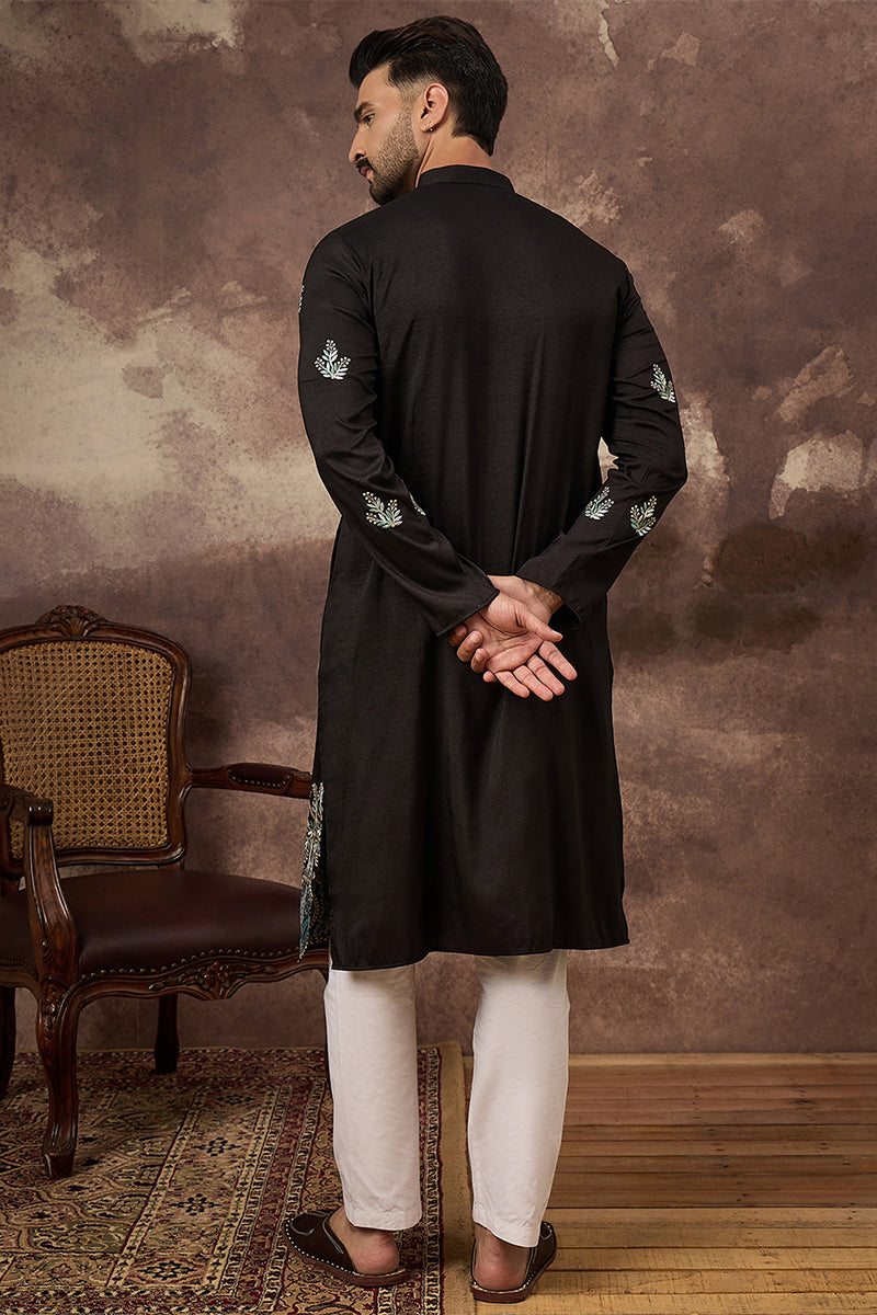 Black Silk Blend Solid Embroidered Straight Kurta MKU1348