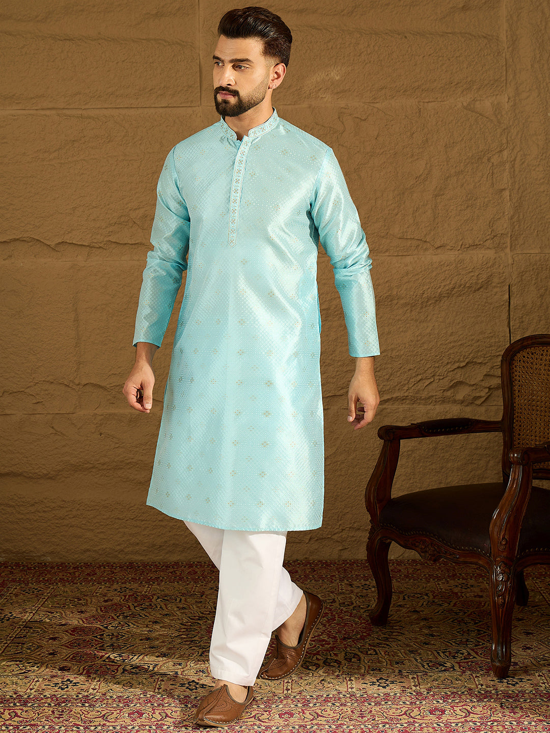 Men Blue Silk Blend Solid Woven Design Straight Kurta-MKU1350